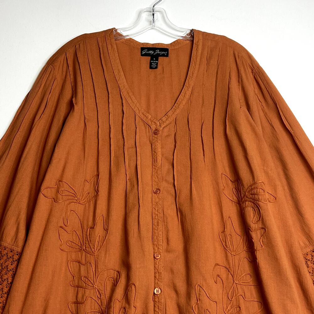 Gretty Zueger 3/4 Sleeve Royal Button Down Cotton Tunic Top Terracota Large - Picture 2 of 9